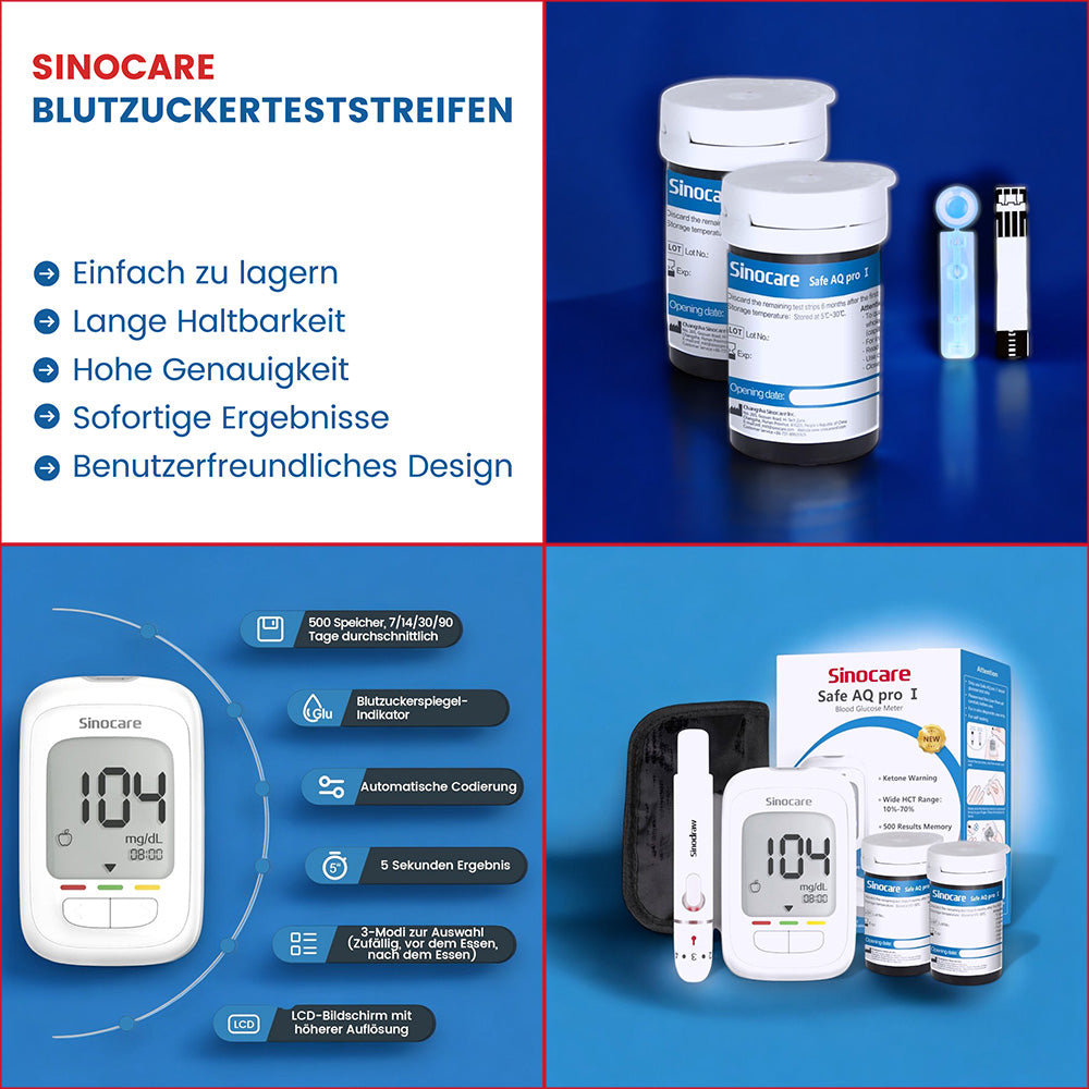 Blutzuckerteststreifen im Sinocare Kit - Blutzuckermessgerät, Blutzuckerteststreifen, Sinocare, ETH Meditec, Diabetes, Gesundheit, Blutwertkontrolle, Diabetesmanagement, Testkit, Medizinprodukte