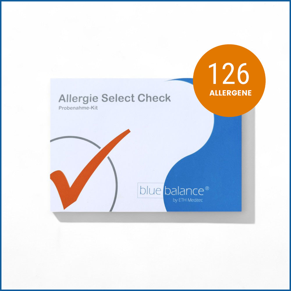 Allergietest Select mit 126 Allergene - Box mit dem Allergietest Select von blue balance - Allergene, Allergiesymptome, blue balance, ELISA-Technologie, Kinderallergien, Haushaltstest, Gesundheit, Prävention, allergische Reaktionen, Testergebnis, bequem von zuhause, Sicherheit, Gesundheitsschutz, allergische Reaktionen vermeiden