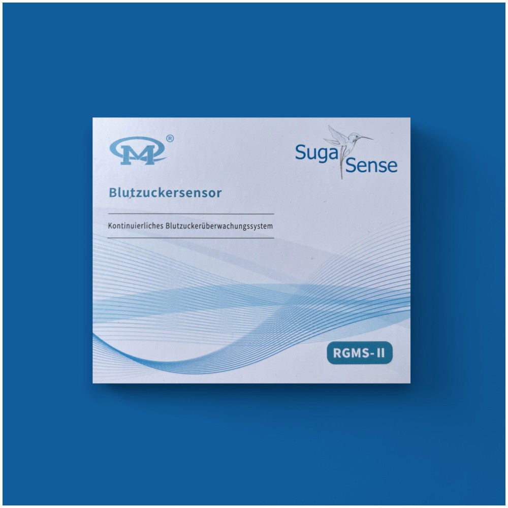 Nahaufnahme des Suga Sense Blutzuckersensors mit Verpackung - blutzucker messen, blutzuckersensor, blutzucker sensor, blutzuckerwerte, zuckerüberwachung, gesunde leben, diabeteshilfe, gesundheit, medizinische hilfsmittel, smart health, kontinuierliche messung, blutzucker app, zuckerwerte, individuell anpassen, eth meditec, sinocare, suga sense, selbsttests, gesundheitstests, blutzucker