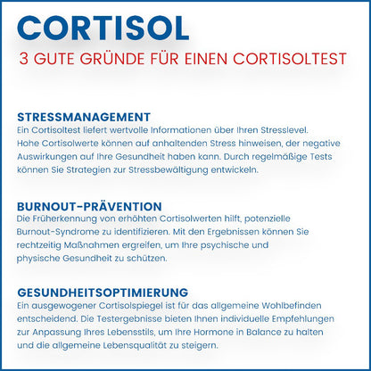 Cortisol Test für zuhause zur beständigen Überprüfung des Cortisolspiegels und Stressmanagement. - Cortisolspiegel, Cortisol Test, Cortisol messen, Cortisolmangel, Hormone, Gesundheit, Stressbewertung, Selbsttest für zuhause, ETH Meditec, blue balance, Stressmanagement, Wellbeing, Gesundheitsbewusstsein, Hormonausgleich, Müdigkeit