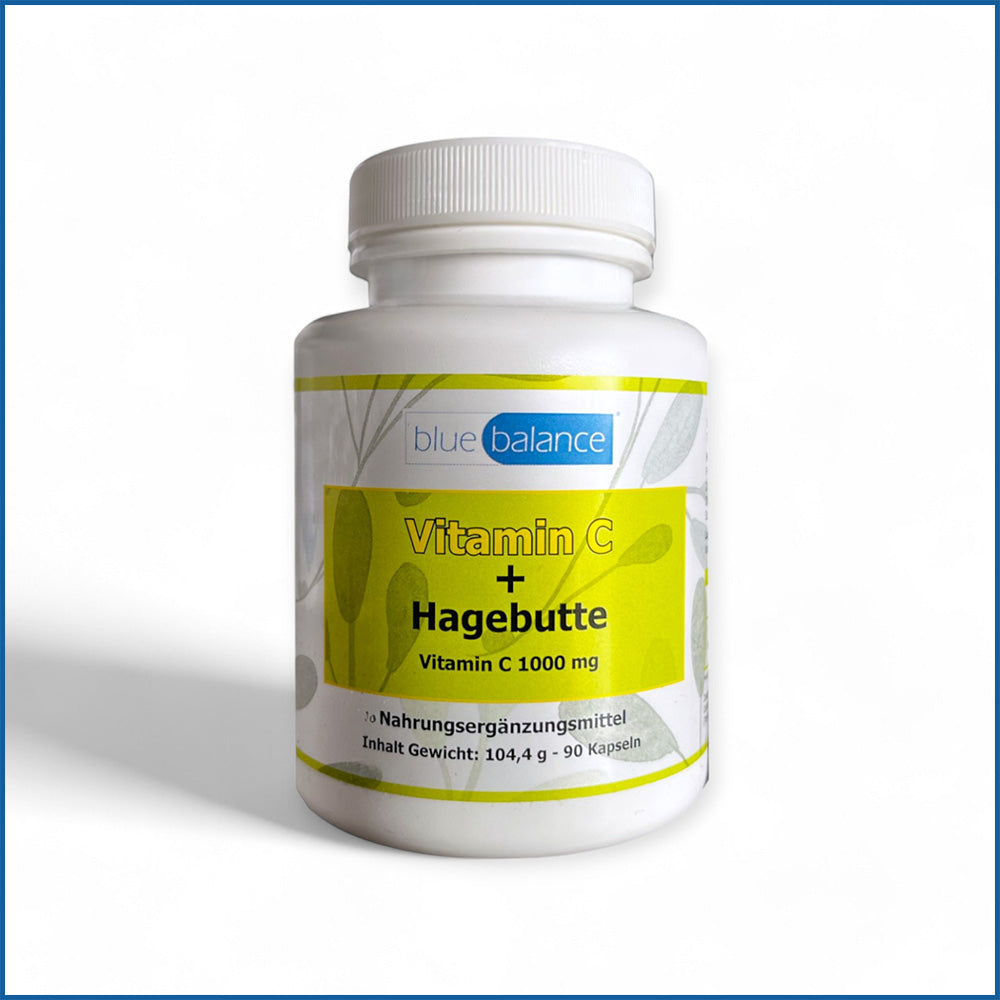 Hochdosierte Vitamin C Kapseln mit Hagebutte - Vitamin C, Hagebutte, Supplement, Vegan, blue balance, Gesundheit, Immunabwehr, Vitalität, ETH Meditec, Antioxidans