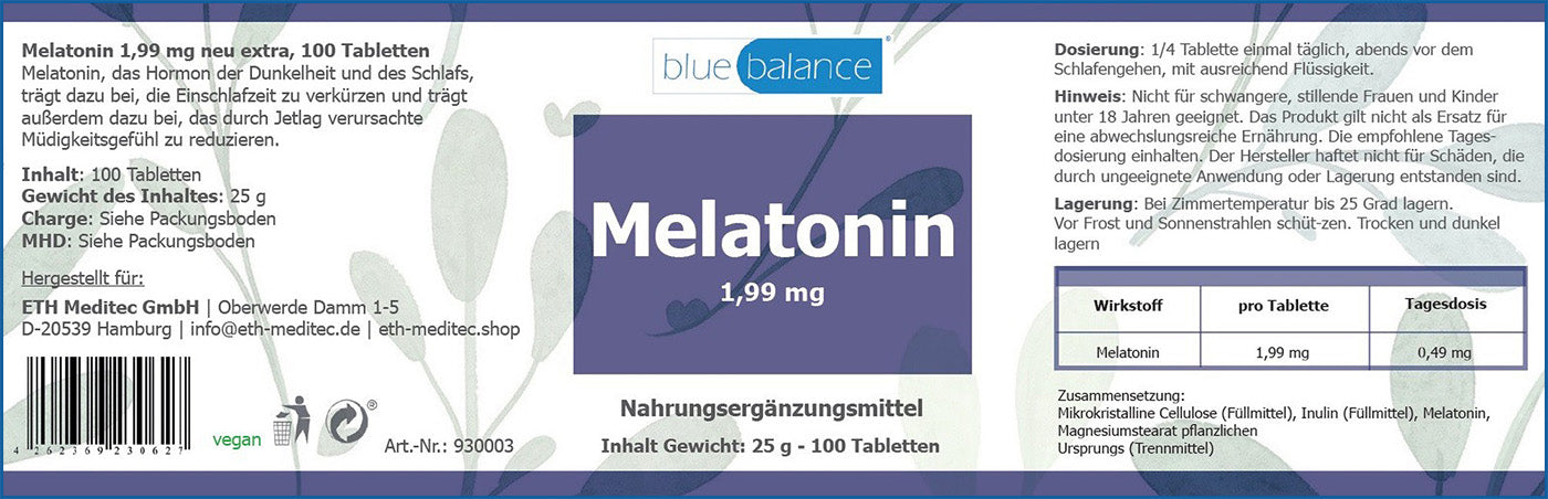 Melatonin Supplement für erholsame Nächte - melatonin, blue balance, vegan, supplement, schlafhilfe, entgiftung, schlafqualitaet, naturprodukte, gesunder schlaf, wohltuend, pflanzlich, revitalisierung, regenerieren, hochwertig, ETH Meditec