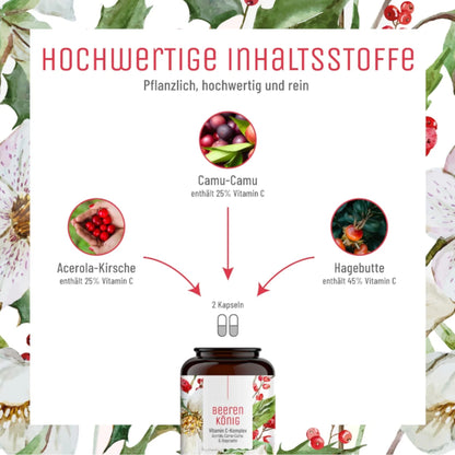 "Datenblatt für rein pflanzlichen Vitamin C Komplex Beerenkönig von Naturtreu, natürliche Nahrungsergänzung für die Gesundheit"