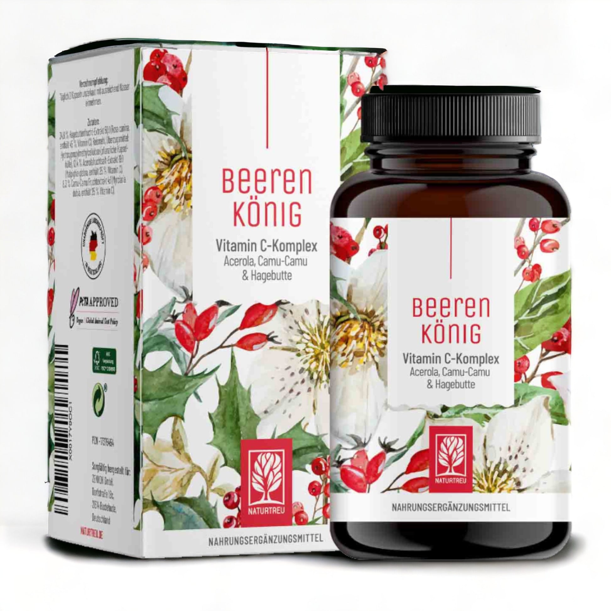 Naturtreu Beerenkönig, Vitamin C Komplex rein Pflanzlich Weißes Hintergrundbild: "Rein pflanzlicher Vitamin C Komplex Beerenkönig von Naturtreu, natürliche Nahrungsergänzung für die Gesundheit"