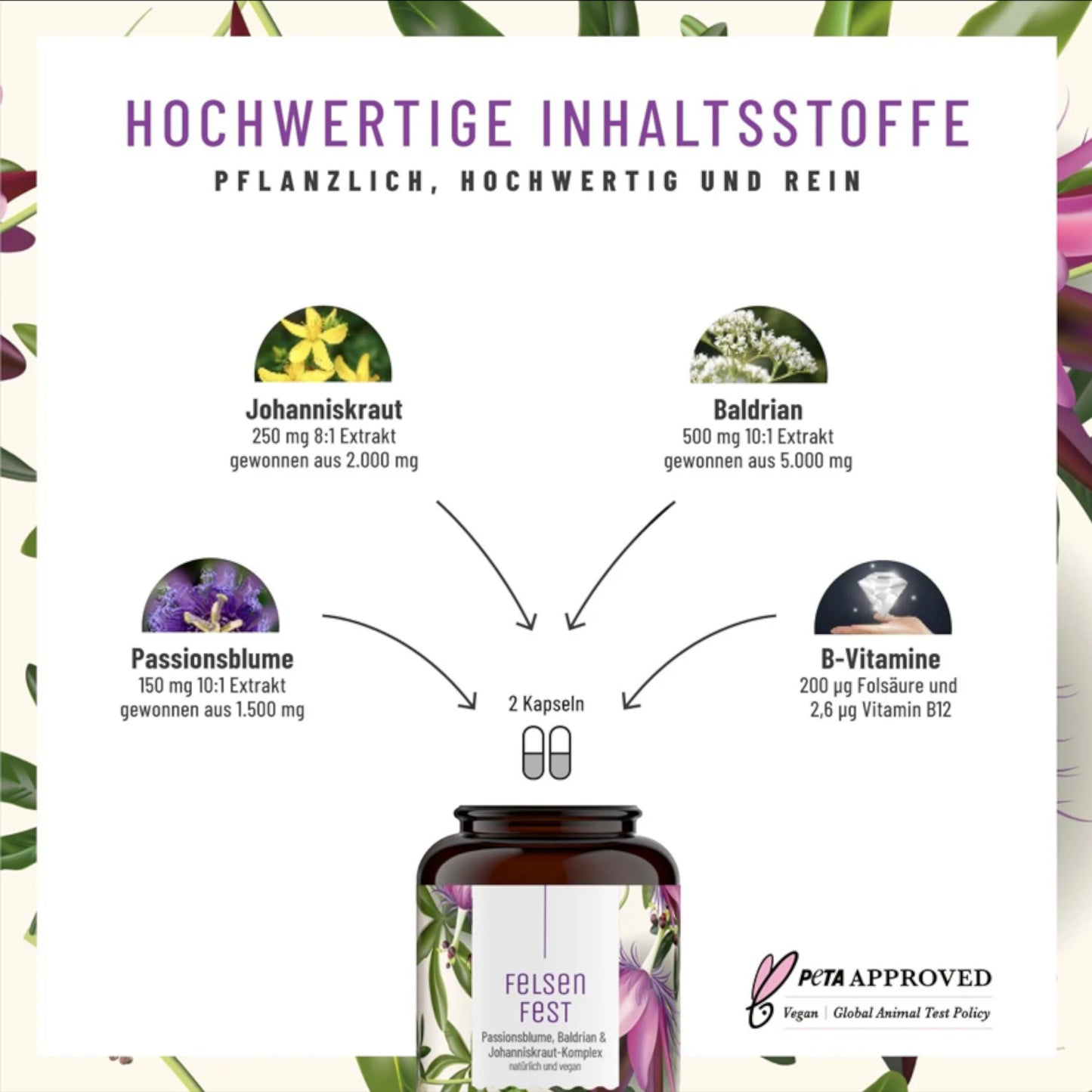 "Datenblatt für Komplex Felsenfest von Naturtreu mit Johanniskraut, Baldrian, Passionsblume, natürliche Nahrungsergänzung für die Gesundheit" 1 von 2