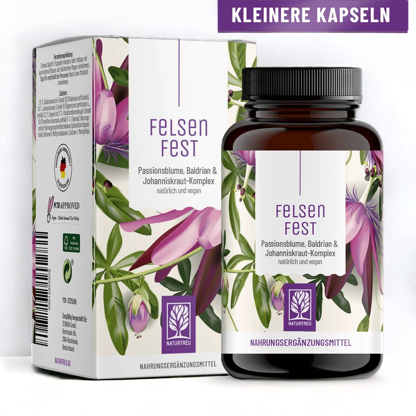 Naturtreu Felsenfest Johanniskraut Baldrian Passionsblume Komplex Weißes Hintergrundbild: "Entspannender Komplex Felsenfest von Naturtreu mit Johanniskraut, Baldrian, Passionsblume, natürliche Nahrungsergänzung für die Gesundheit"