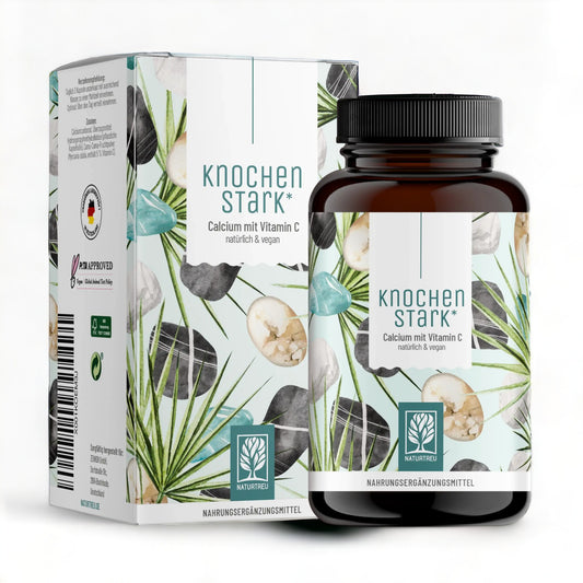 Naturtreu Knochenstark - Calcium Kapseln mit Vitamin C Weißes Hintergrundbild: "Calcium-Kapseln Knochenstark von Naturtreu mit Vitamin C, natürliche Nahrungsergänzung für die Gesundheit"