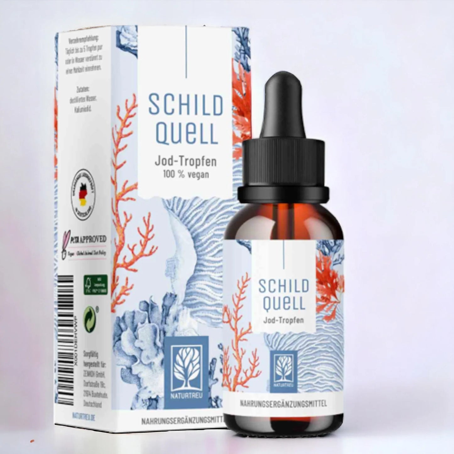 Naturtreu Schildquell, Jod Tropfen hochdosiert, 50ml Weißes Hintergrundbild: "Hochdosierter Jod-Tropfen Schildquell von Naturtreu, natürliche Nahrungsergänzung für die Gesundheit"