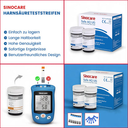 "Sinocare Blutzucker- und Harnsäuremessgeräteset - alles für Ihre regelmäßigen Kontrollen in einem Set." - Sinocare, Blutzuckermessgerät, Blutzuckerteststreifen, ETH Meditec, Lanzetten, Gesundheit, Diabetes, Messgeräte, Präzision, Harnsäure