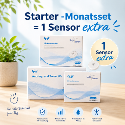 Suga Sense CGM System, schmerzfrei und sicher. Das Set für einen kompletten Monat kontinuierliche Zucker-Überwachung
Optimale Blutzuckerüberwachung ohne Nadel -  Blutzuckermessung, Sparpaket, Monatspack, Monat-Komplettpaket, Suga Sense, Innovation, Diabetes, Gesundheit, Präzisionsmessung, Alltagsintegration, Kontrolle, Technologie, Lebensstil