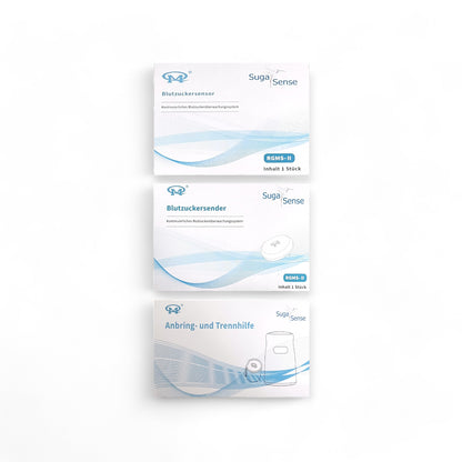 ETH Meditec Starterpaket mit dem Suga Sense Sensor und Sender, Anbringhilfen und Zubehör für die sanfte Vorbereitung der Haut und präzise Blutzuckermessung.