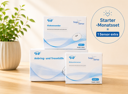 Suga Sense CGM System, schmerzfrei und sicher. Das Set für einen kompletten Monat kontinuierliche Zucker-Überwachung
Optimale Blutzuckerüberwachung ohne Nadel -  Blutzuckermessung, Sparpaket, Monatspack, Monat-Komplettpaket, Suga Sense, Innovation, Diabetes, Gesundheit, Präzisionsmessung, Alltagsintegration, Kontrolle, Technologie, Lebensstil