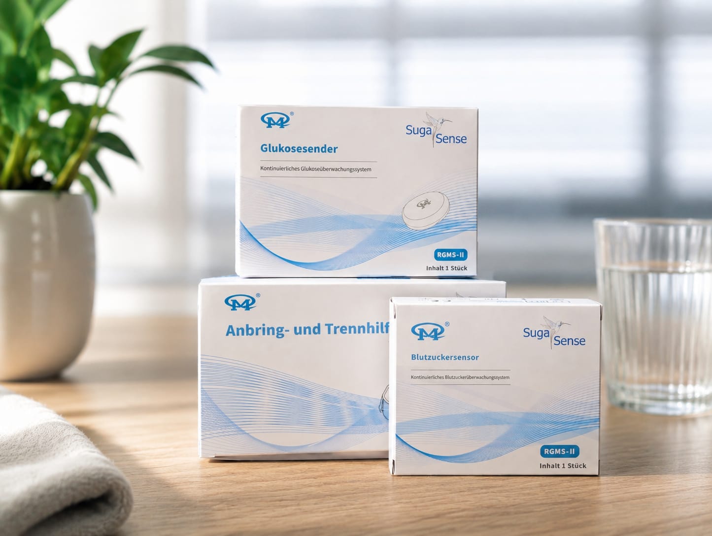 Suga Sense CGM Starterset, Glukosesensor, Sender und Anbringhilfe. Alles was Sie für den einfachen Start benötigen. CGM System für zuhause - einfach und schmerzfrei