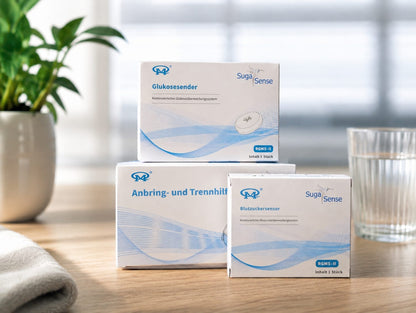 Suga Sense CGM Starterset, Glukosesensor, Sender und Anbringhilfe. Alles was Sie für den einfachen Start benötigen. CGM System für zuhause - einfach und schmerzfrei