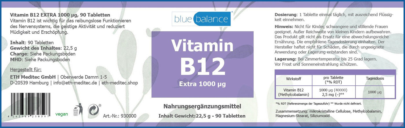 B12 Tabletten für starke Nerven - Vitamin B12, blue balance, vegan, Supplement, Vitamine, Mineralien, Gesundheit, Nährstoffe, Nahrungsergänzung, Energie, ETH Meditec