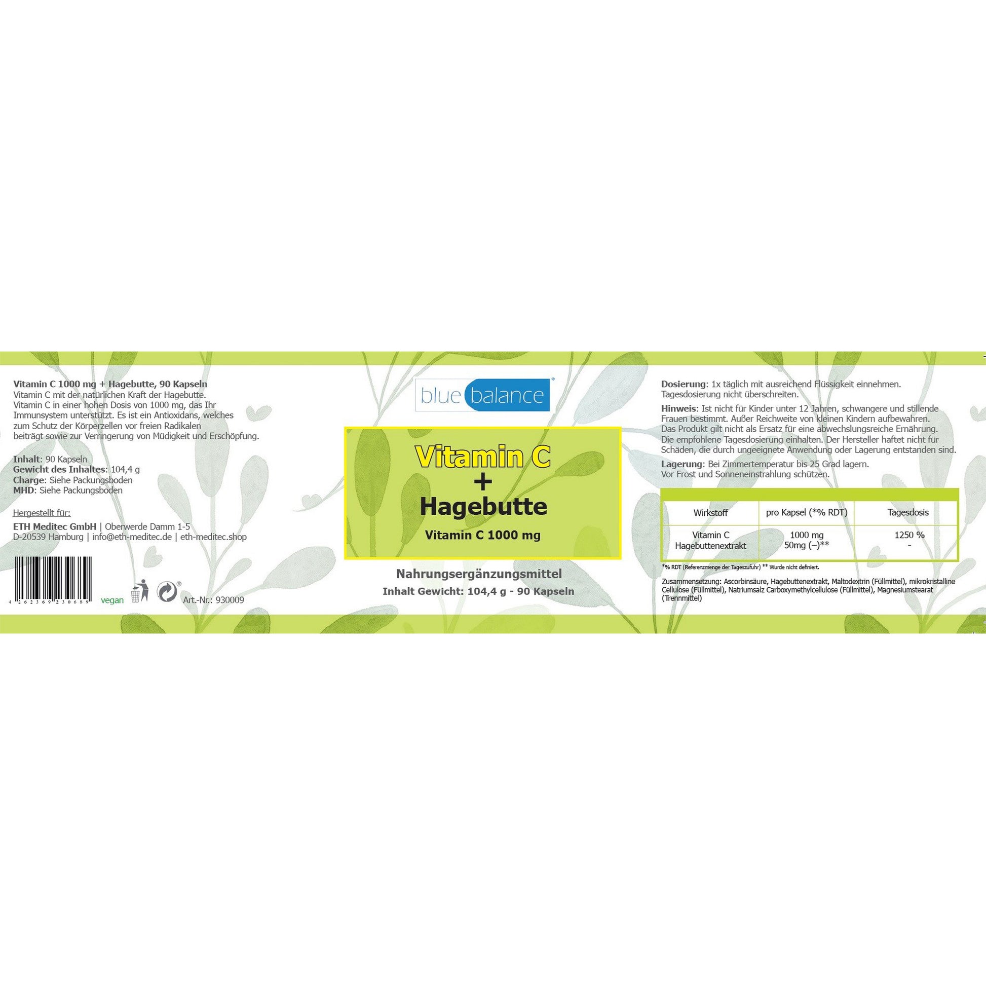 Auf einem neutralen, weißen Hintergrund steht die Klarheit des Produkts im Mittelpunkt. Blue Balance® Vitamin C 1000 mg + Hagebutte repräsentiert Reinheit und eine unverfälschte, vegane Formel für Ihre Gesundheit. - Datenblatt